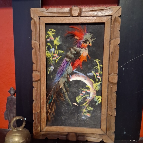 Source Unknown Other - Source Unknown Vibrant Feather Art in Wooden Frame